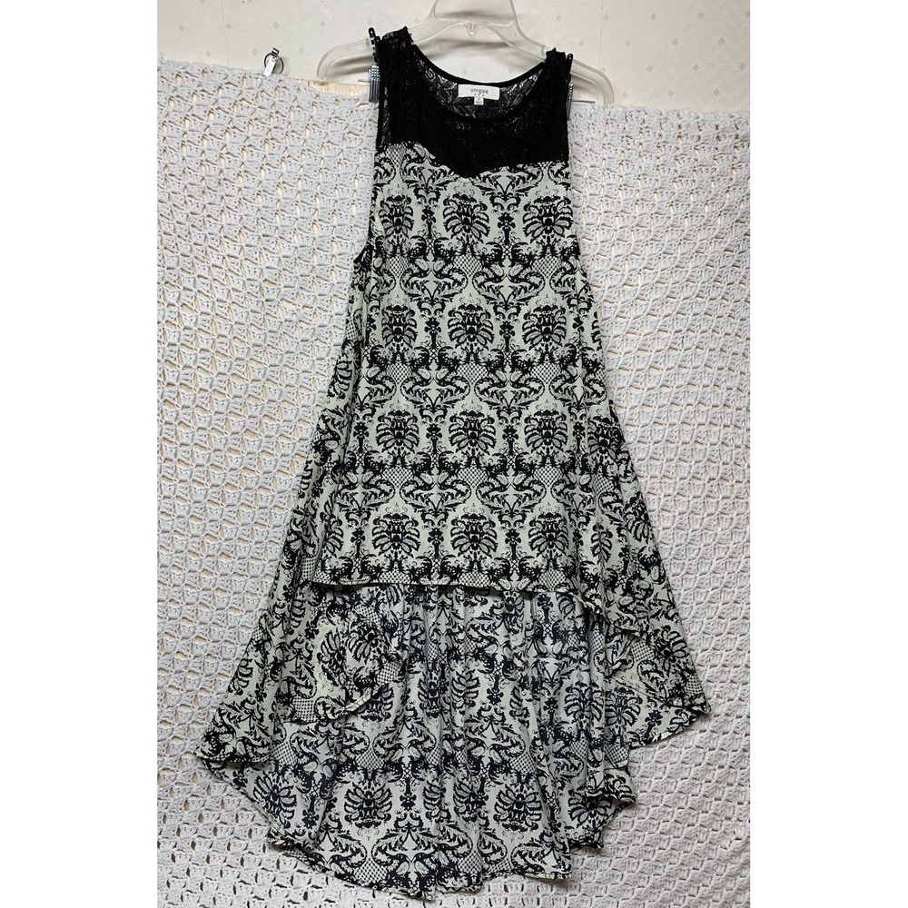 Umgee Womens Dress Sz S‎ Ivory Black Floral Lace Trim Sleevelesss Hi Lo Hem